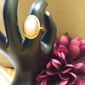 Vtg Sarah Coventry Faux Fire Opal Cocktail Goldtone Ring 6.25+ Adjustable Oval